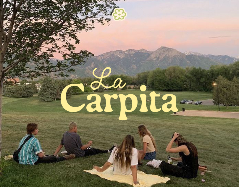 Emblem design for Madame FC depicting an M monogram in a circle with the words "Madame FC EST. 2003" inside on top of a background image of a soccer stadium.